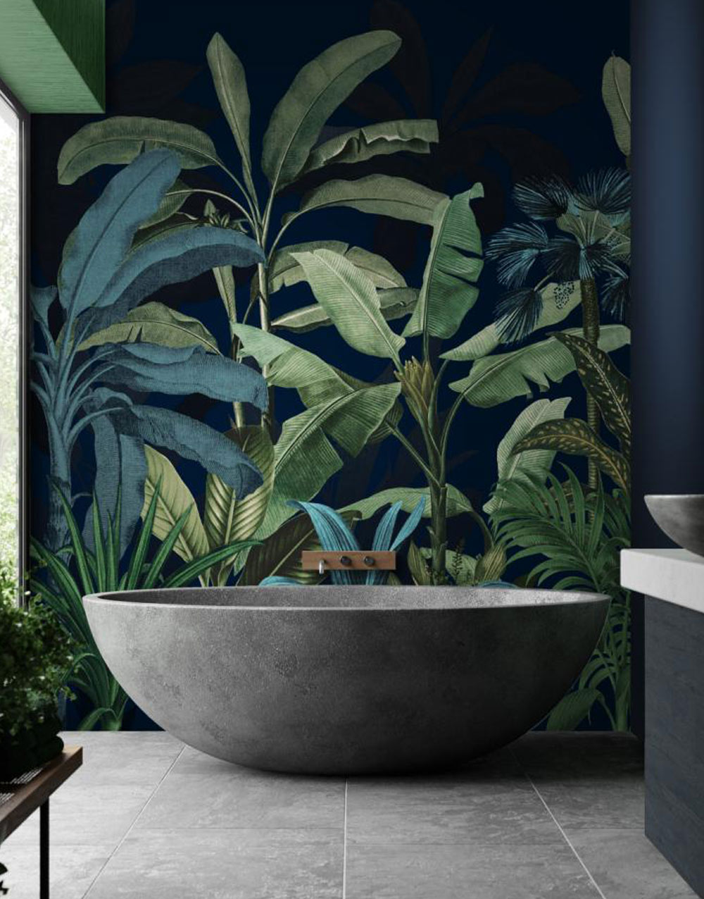 Tropical Palm Wall Mural installed in a bathroom with a freestanding bath in the foreground