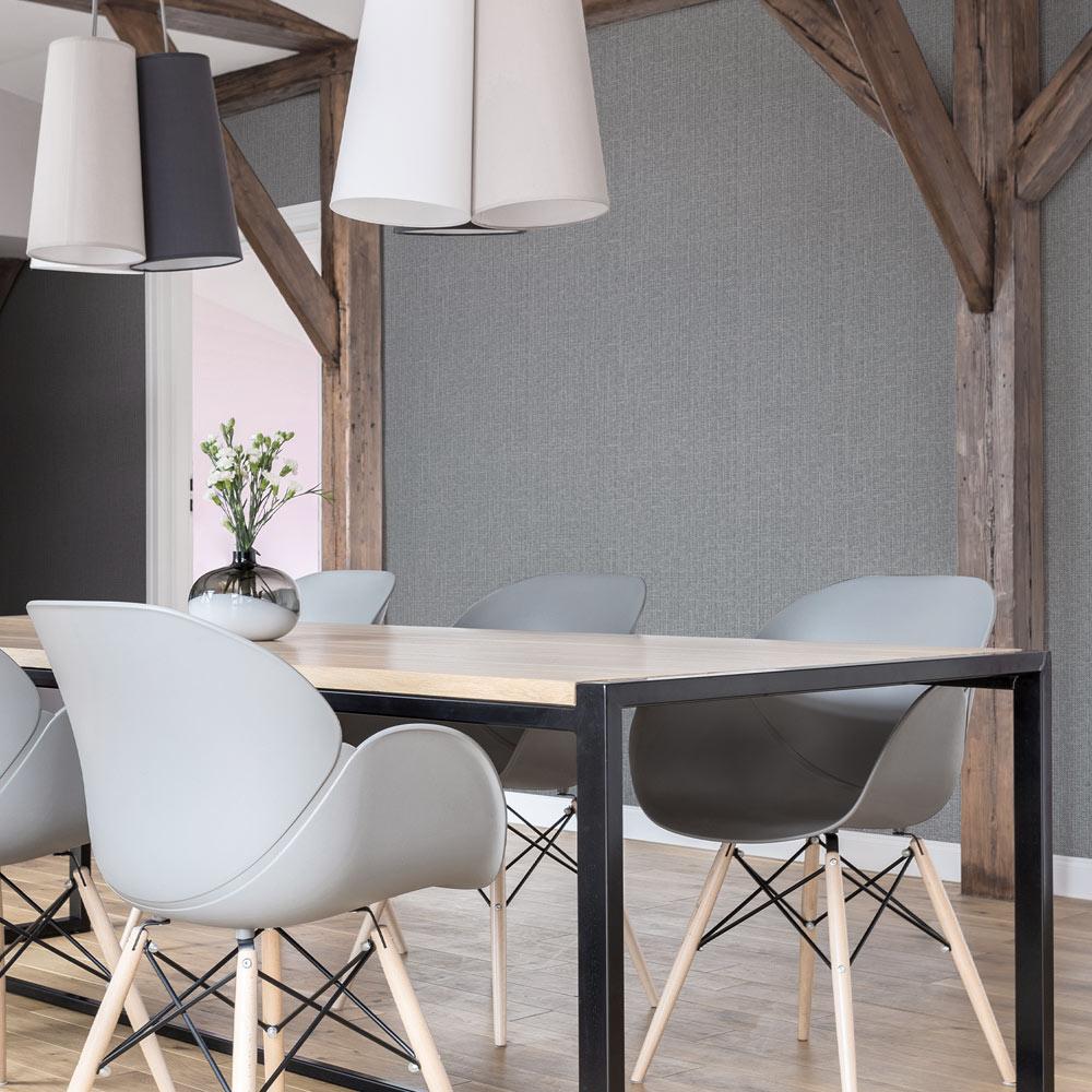 Boardroom with Woven Hessian Wallpaper Grey installed on the walls. Also shown are rustic wooden rafters, pendant lamps over a boardroom table and Scandanvian style chairs