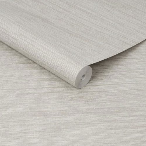 beige-grey-metallic-silver-grasscloth-wallpaper Roll of pearl beige grey metallic silver wallpaper showing deep grasscloth texture