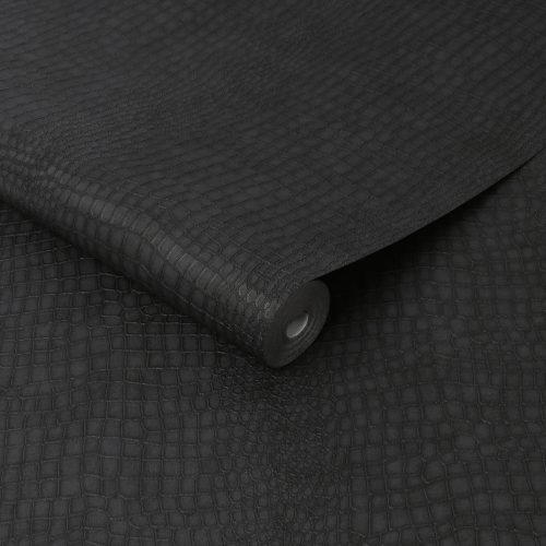 black-wallpaper-textured-crocodile Slightly unrolled roll of Crocodile Wallpaper in Black