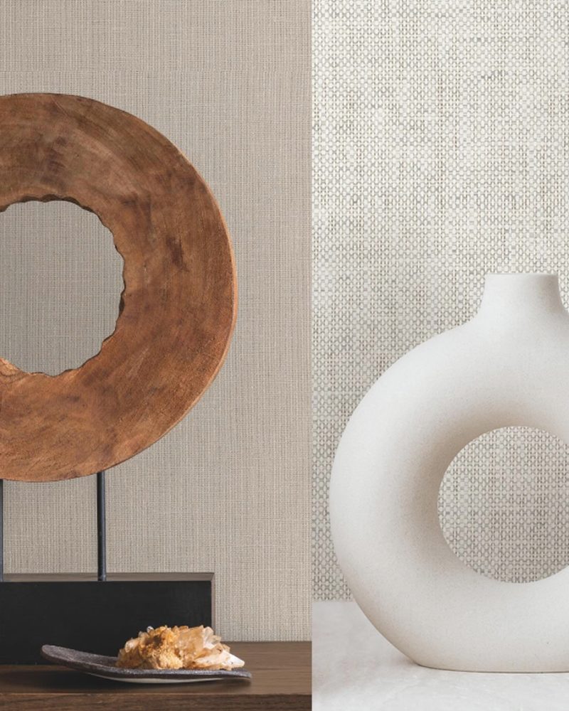Image showing two different grasscloth wallpapers side-by-side: left side shows faux grasscloth and right side shows real fibre grasscloth wallpaper
