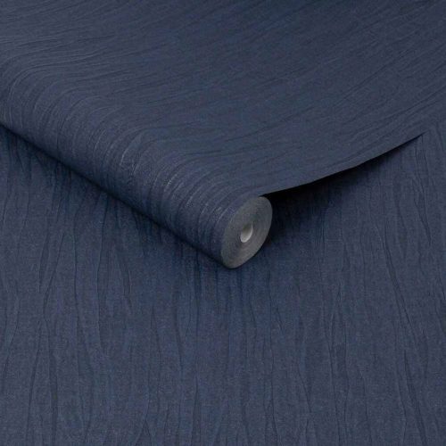 folded-silk-look-wallpaper-dark-blue Roll of folded silk look wallpaper in sapphire blue showing light metallic flecks, slightly unrolled