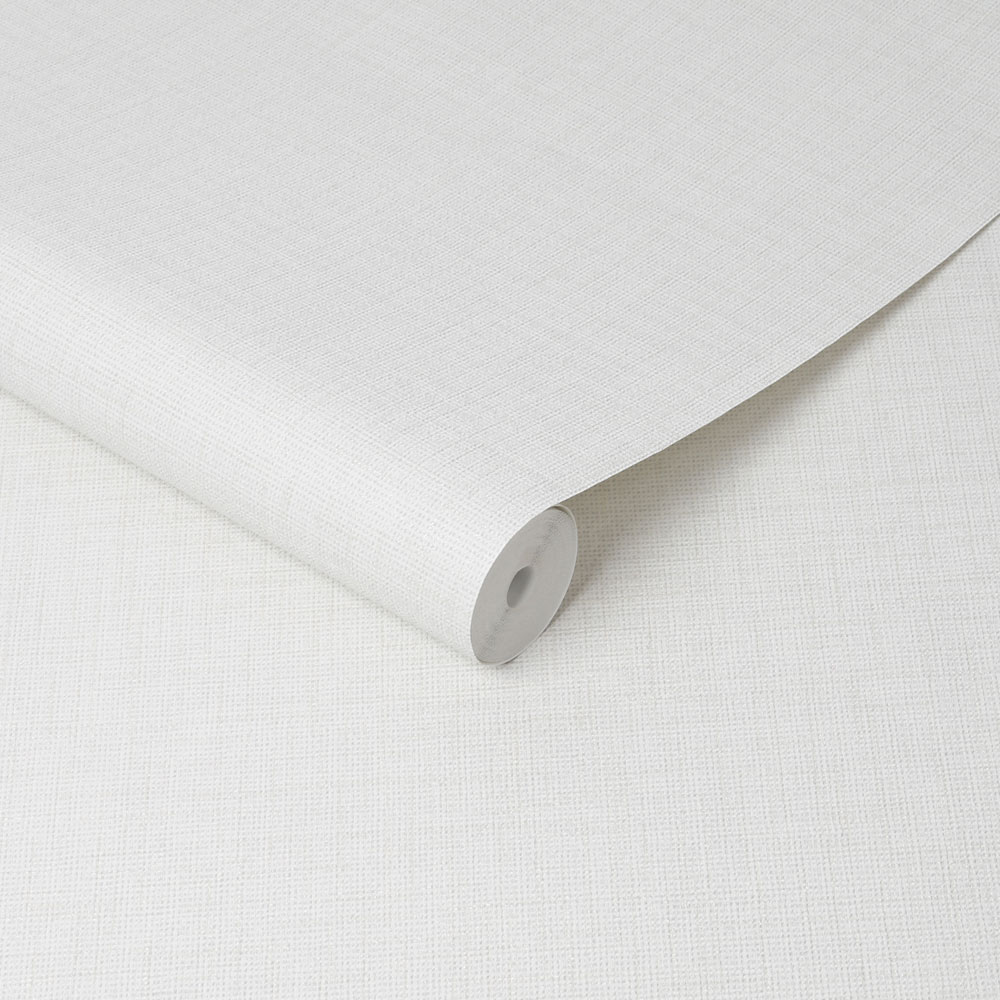 Roll of Hessian linen texture wallpaper in white, slightly unrolled