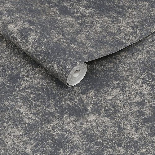 metallic-textured-plaster-wallpaper-black Roll of metallic textured plaster effect in mottled black, slightly unrolled