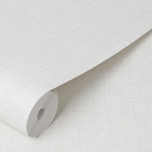 white-hessian-textured-wallpaper Close up of a slightly unrolled white hessian textured wallpaper with the same wallpaper in background