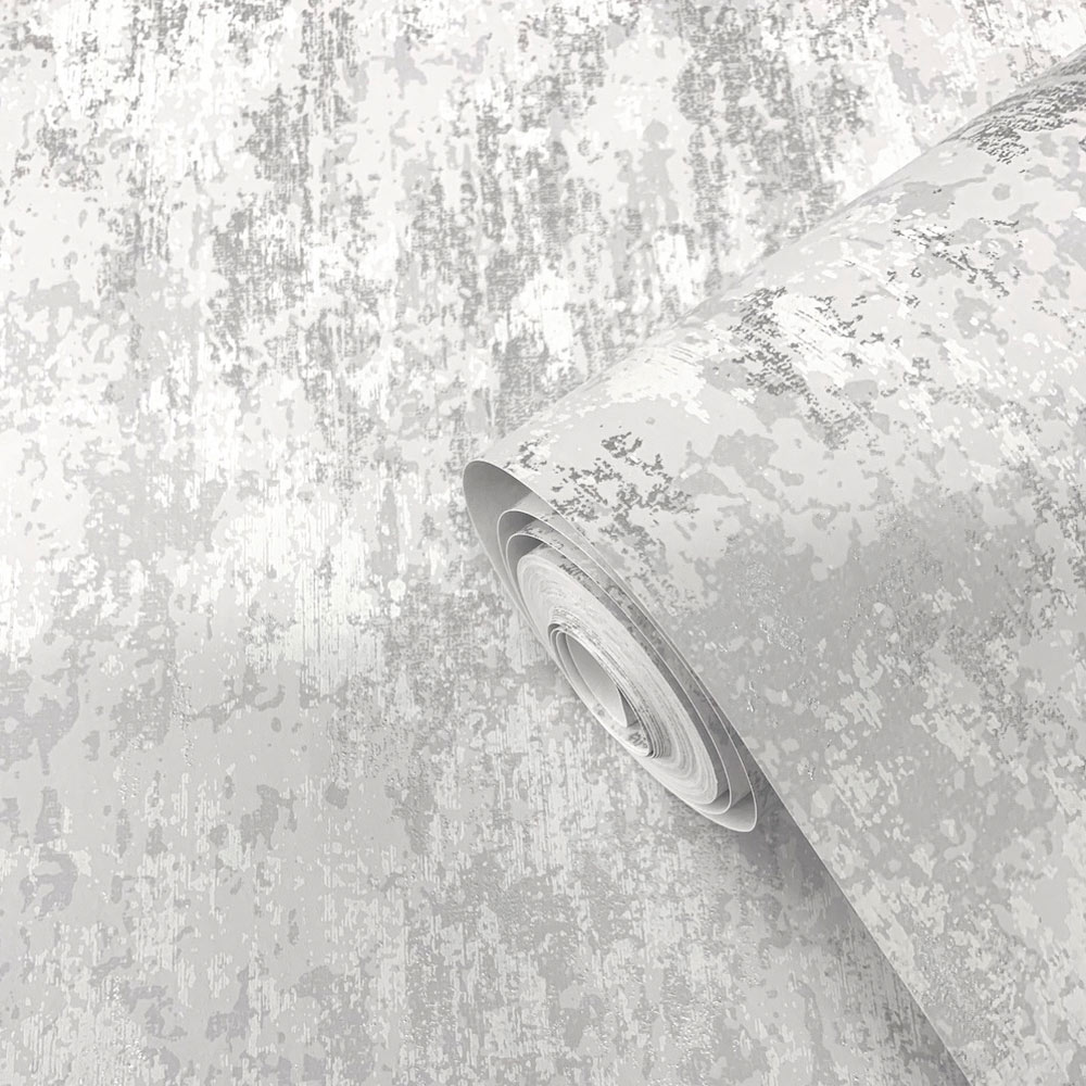 Roll of distressed plaster wallpaper silver grey, slightly unrolled