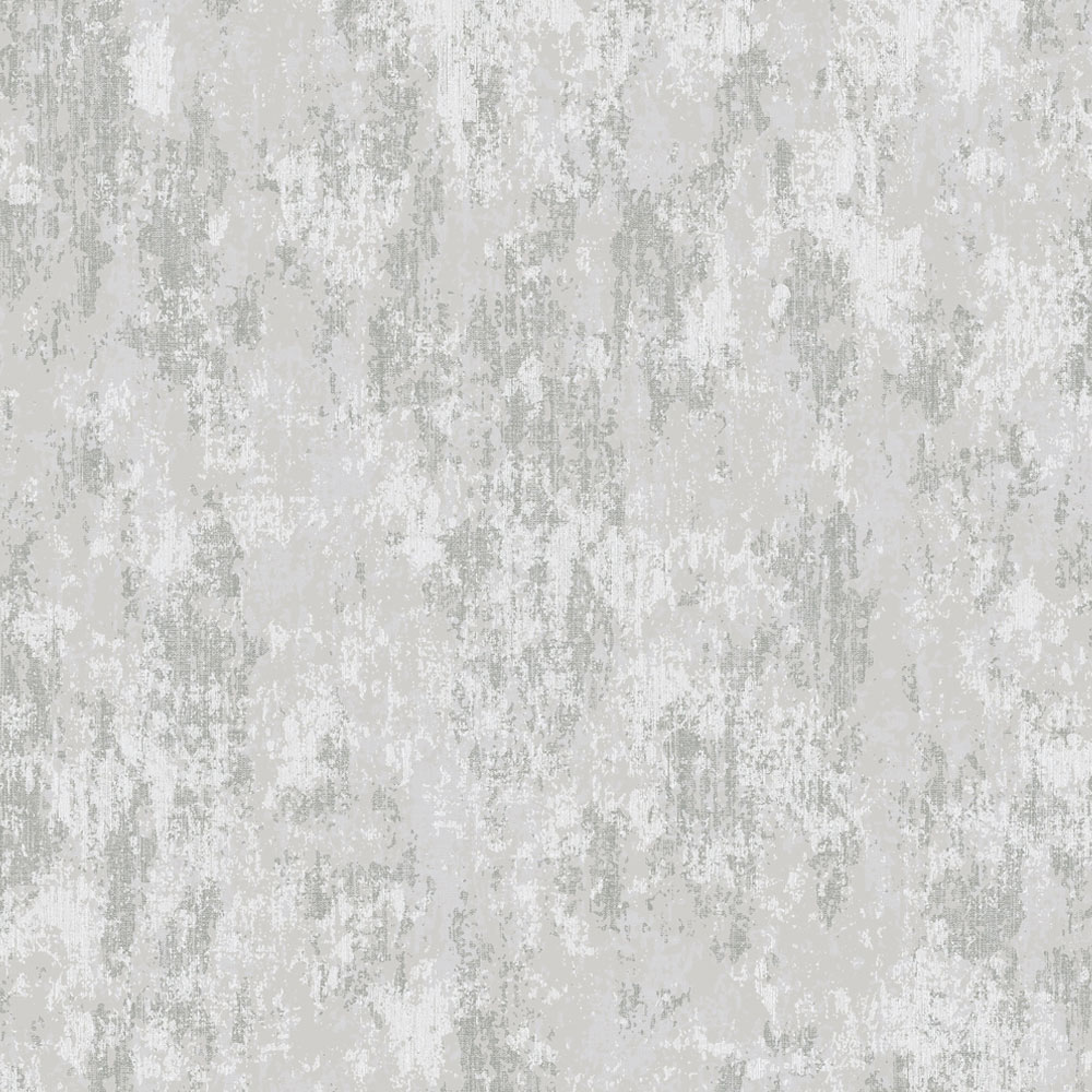 Colour Swatch of the distressed concrete wallpaper in silver grey, also showing chalky printed distressed pattern