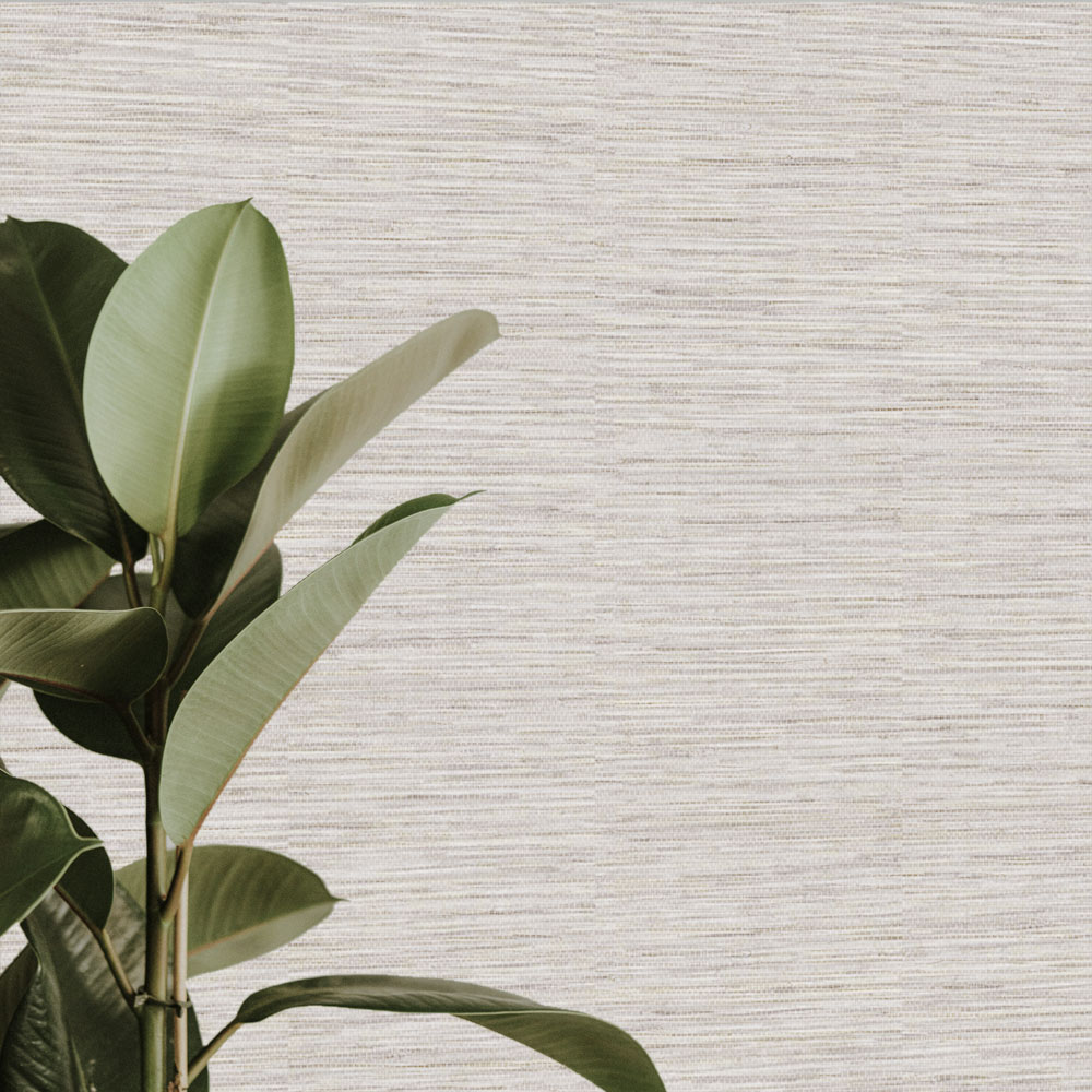 Close up of the installed beige faux grass cloth grasscloth wallpaper, also shows leafy plant in the foreground