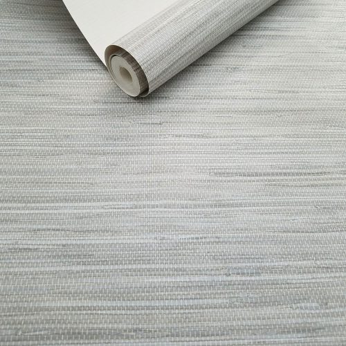 Roll of grey grasscloth wallpaper, slightly unrolled - showing realistic texture and hue
